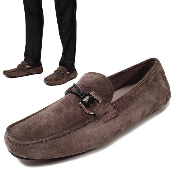 SALVATORE FERRAGAMO SHOES FRONT DRIVING LOAFERS SUEDE BRAIDED GANCINI - Picture 1 of 16
